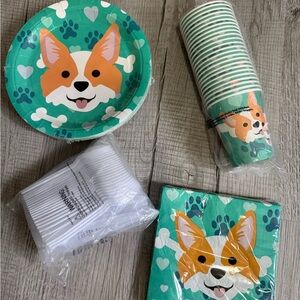 Corgi Dog Party Paper Plates, Cups & Napkins, Silverware - Teal